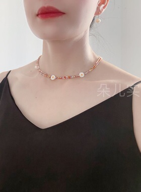 2025新款彩色串珠花朵项链甜美可爱少女风锁骨链气质百搭项链双层