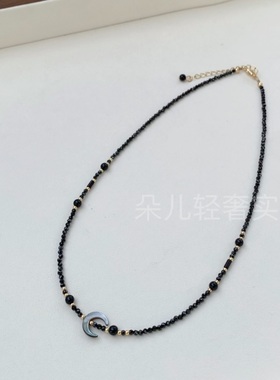 2mm天然石黑色锆石项链黑蝶贝月亮吊坠时尚简约黑曜石锁骨链原创
