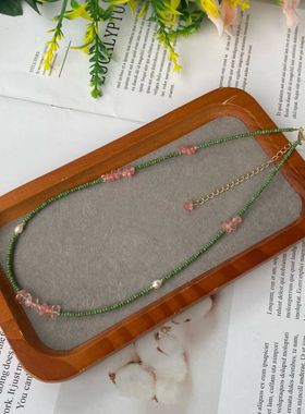 进口米珠古董珠2mm橄榄绿不对称粉色水晶项链夏小众新中式锁骨链