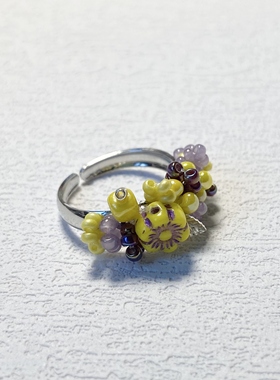 捷克琉璃复古黄紫色系花朵手工串珠开口戒指 指环 原创小众设计