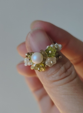 云间青萼 茵娜原创琉璃珍珠花朵手工开口戒指指环轻奢小众设计