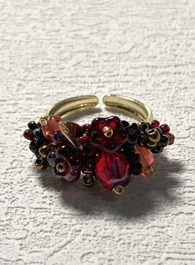 捷克琉璃毕加索复古红色花朵手工串珠开口戒指 指环 原创小众设计