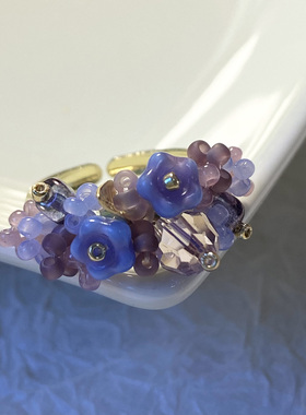 茵娜原创手工饰品捷克琉璃复古草莓牛奶花朵水晶开口戒指 指环