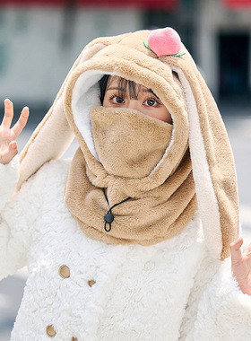 滑雪头套盔帽小美同款兔耳朵防风保暖电动车机车女骑头盔罩毛绒帽