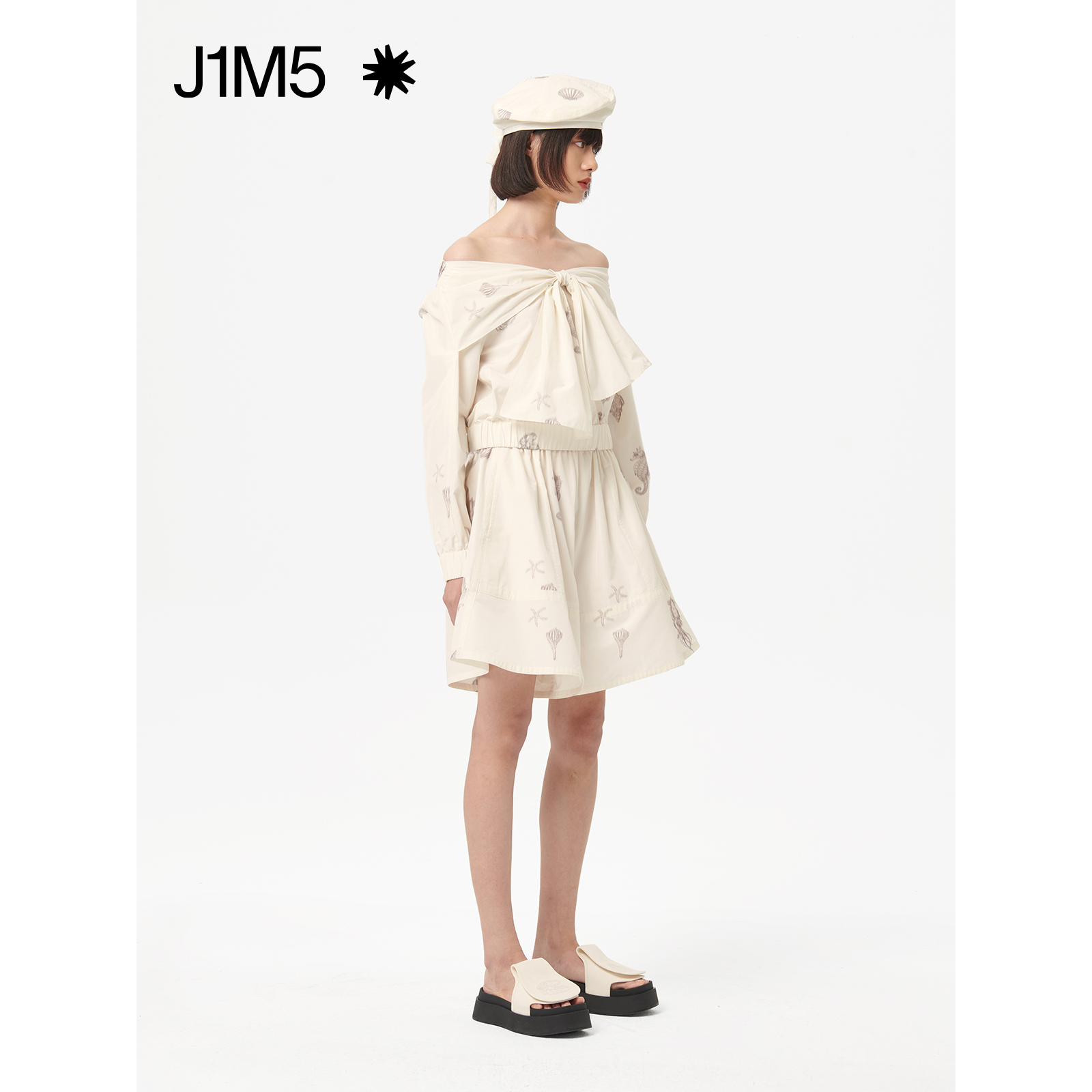 J1M5买手店 DEEPMOSS 22SS虚幻海洋印花一字领花结上衣裙裤套装女 - 图0