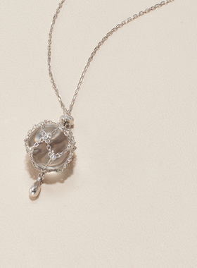 AHCHOO 静奢S925纯银网兜编织天然白水晶圆球项链水滴吊坠毛衣链