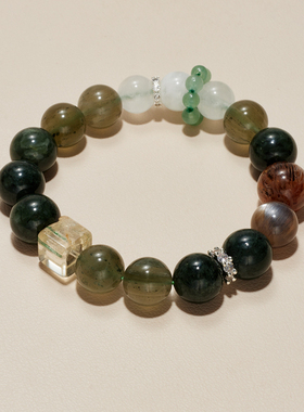 AHCHOO 黑金超手链天然白水晶绿发晶聚宝盆手串绿碧发转运珠手饰