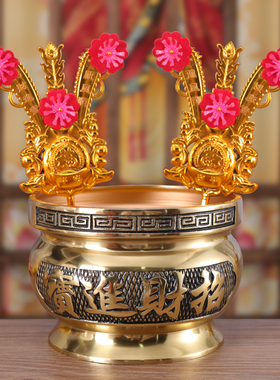 招财金花红绸插香炉摆件