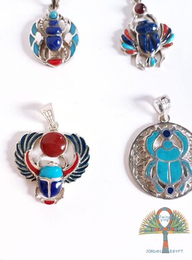 进口古埃及宫廷风手工银饰首饰彩色镶嵌翅膀圣甲虫小动物项坠吊坠