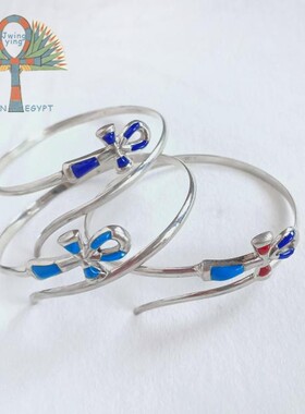 埃及进口复古纯手工镶嵌睡莲花卉荷露斯之眼安卡十字银饰手镯