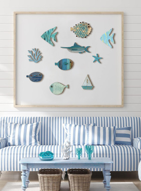 创意木质多色小鱼木质标志背景墙