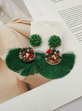 波西米亚串珠流苏手工扇形耳环