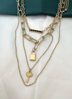 s67时尚个性金色多层锁扣爱心钥匙吊坠朋克风金属链条首饰品项链