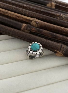 s36经典复古高品质纹理花朵绿松石镶嵌精工细腻唯美典雅打标戒指