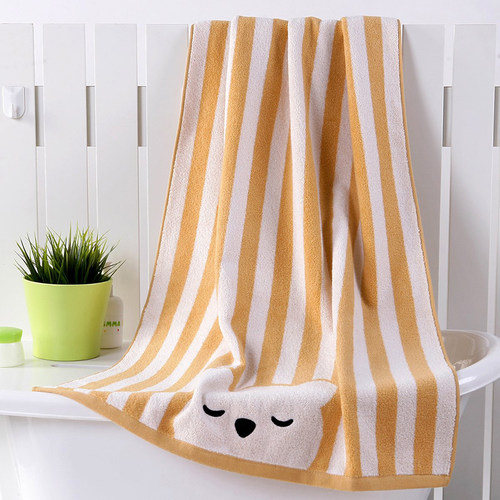 金号浴巾 全无捻提花 纯棉柔软吸水 条纹小熊 S3131WH - 图1