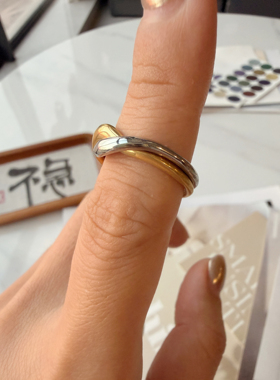 【双环戒】小众设计太钢镀金K18亮面双层戒指金银双色戒指
