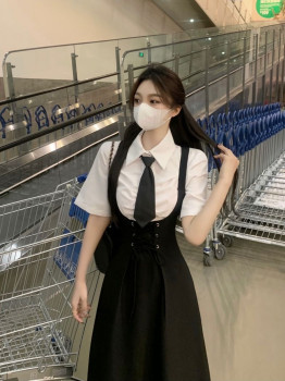 Slim tie shirt waist suspender skirt jk uniform two piece set large size college style suit long dress summer