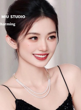 双层珍珠项链女金色麦穗长项链