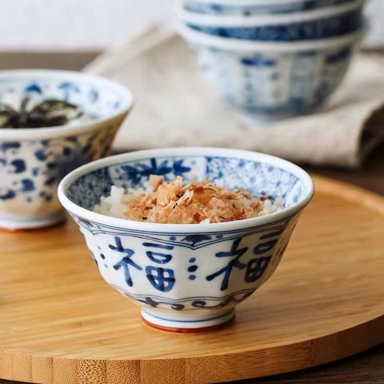 蓝凛堂米饭碗日本进口陶瓷福字反口碗日式家用陶瓷饭碗高脚防烫碗