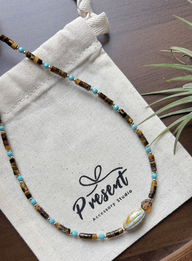 复古天然虎眼石绿松石串珠项链