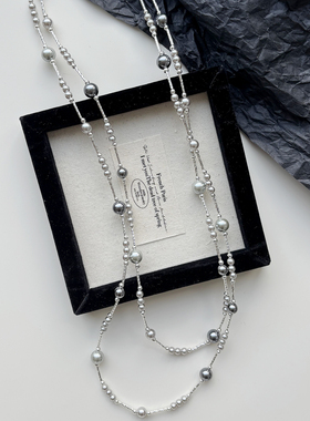 百搭长款灰色施家珍珠项链毛衣链