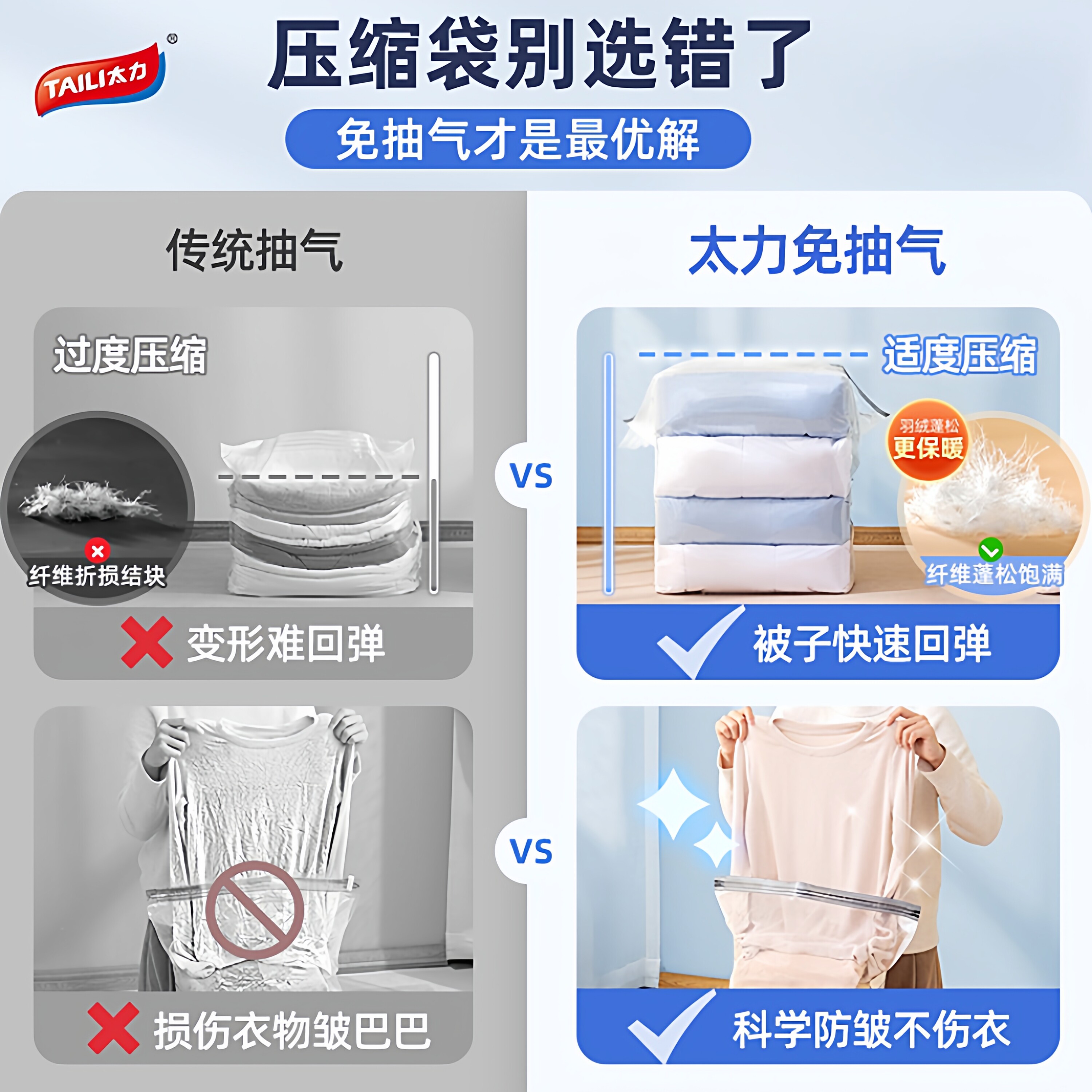 太力抗菌真空压缩收纳袋装被子棉被衣服羽绒服专用免抽气立体袋子