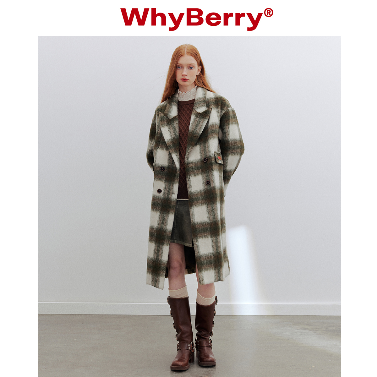 WhyBerry 23AW“萤火之森”毛呢格子大衣长款H型落肩慵懒外套秋冬