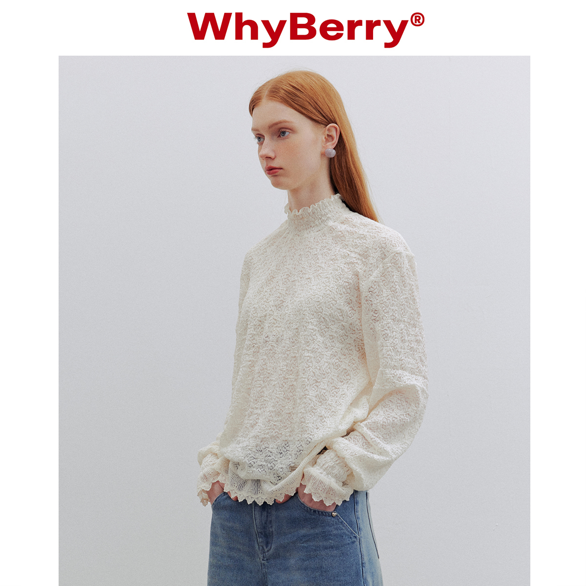 WhyBerry 24SS“朦胧薄雾”米白色蕾丝落肩衬衫花边设计上衣甜美-图3