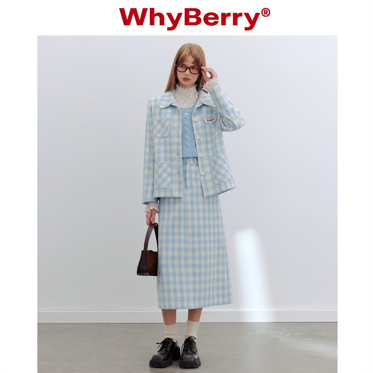 WhyBerry 24SS“海盐气泡”蓝白格子半身裙简约撞色长款A字裙女-图2