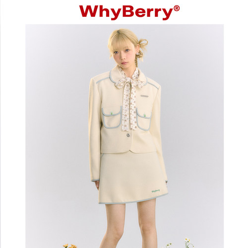 WhyBerry 23SS“甜酪笔记”娃娃领薄垫肩西装外套撞色休闲复古风 - 图3