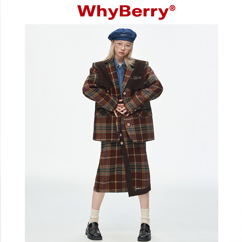 WhyBerry 22AW“英国转校生”格纹毛呢西装外套厚初春薄知识分子-图0