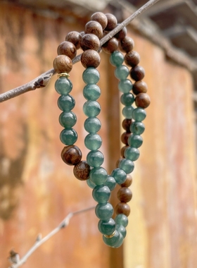 情绪稳定A货蓝水翡翠手链绿檀木手串双圈木质手链18K男女手链礼物