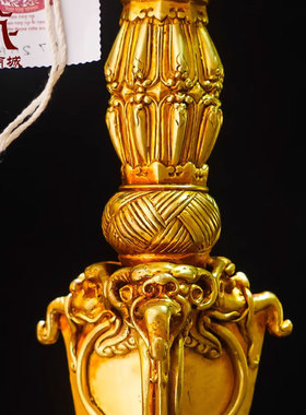全鎏金三面普巴金刚杵彩绘面部宝石镶嵌金刚橛带底座铜摆件