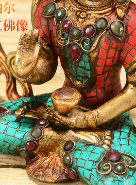 藏村尼泊尔手工燃灯佛铜像表面松石镶嵌铜做旧居家桌面摆件7寸