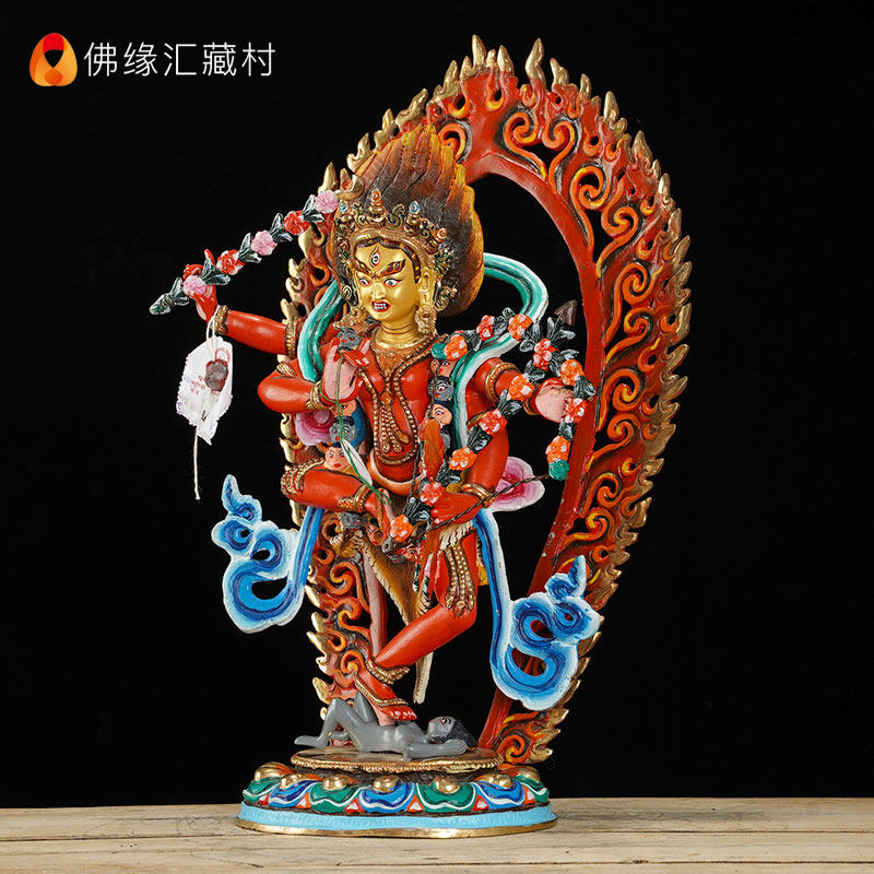 作明佛母铜像尼泊尔手工10寸铜彩绘家用铜像佛堂桌面装饰摆件