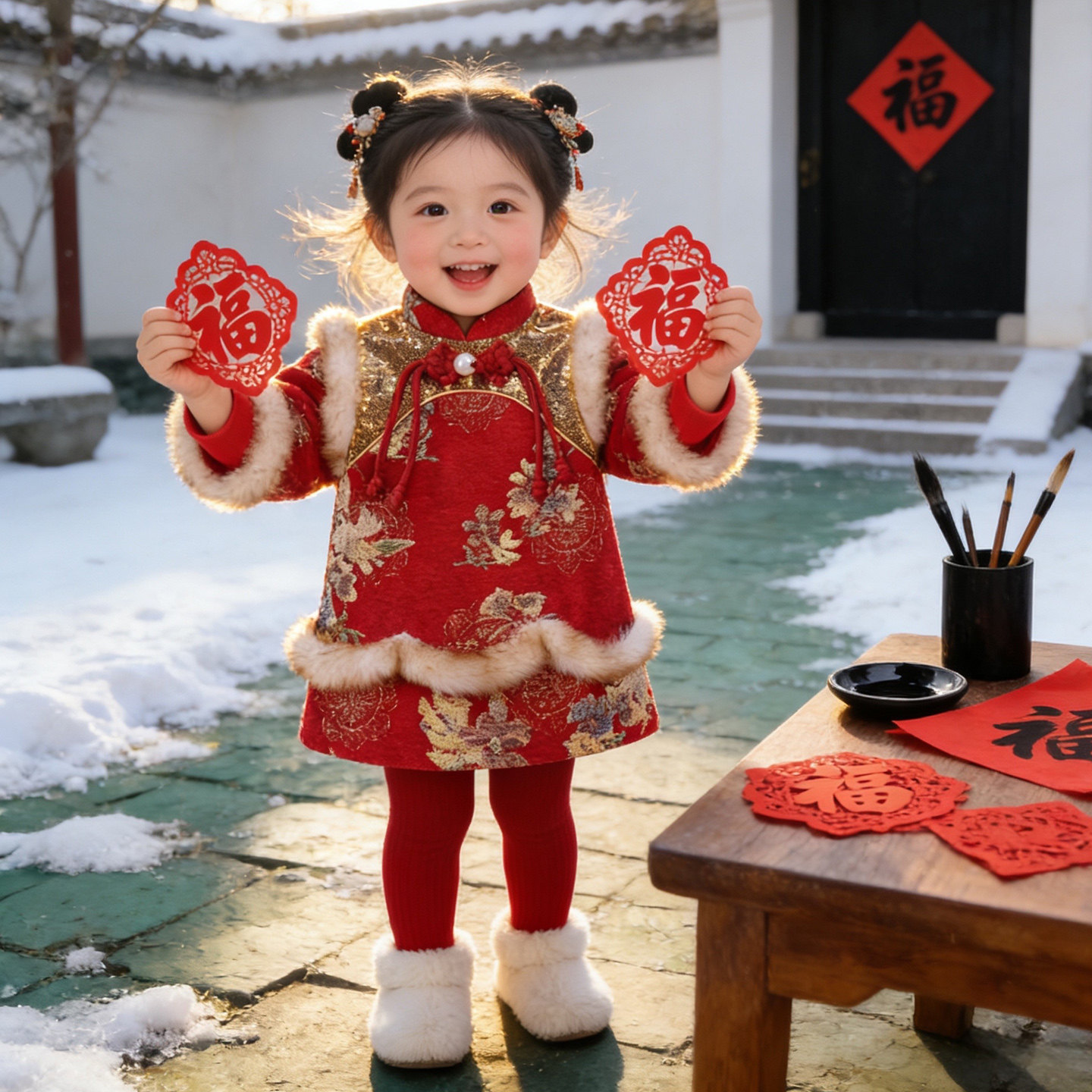 女宝宝冬季新年拜年服裙子女童新年复古中国风加绒周岁公主连衣裙,淘宝优惠券,粉丝福利购,淘宝优惠卷