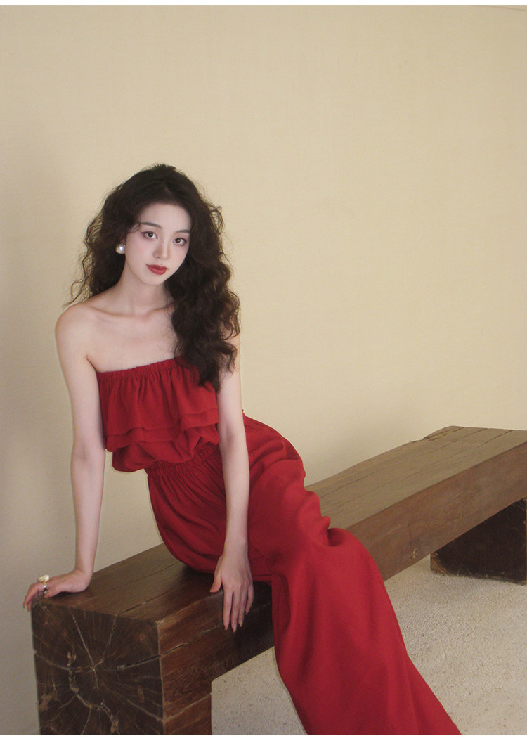一字肩红色荷叶边连体长裤女连衣裤女神范仙女裤子高腰甜美显瘦潮,淘宝优惠券,粉丝福利购,淘宝优惠卷
