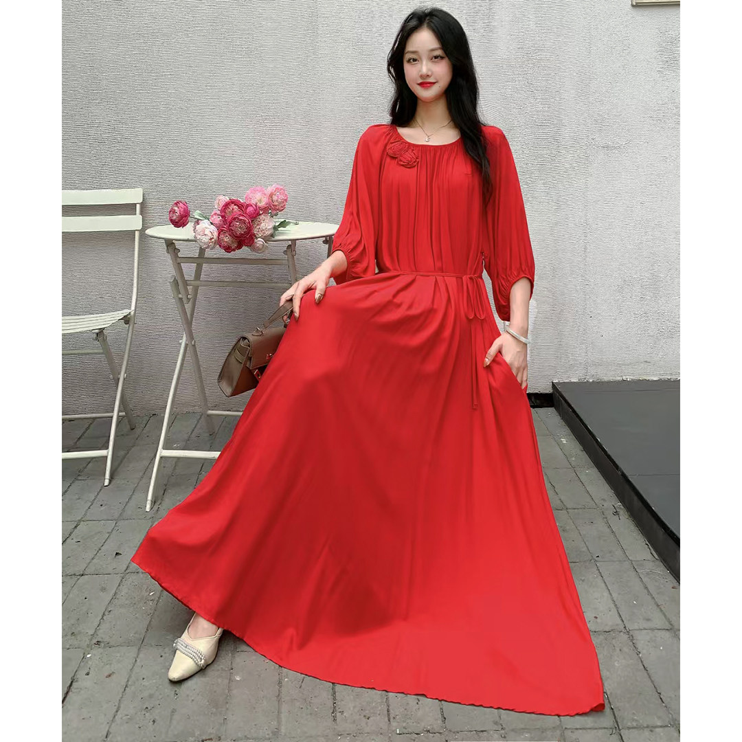 棉绸连衣裙高级感系带慵懒风长款宽松大码胖MM度假风沙滩裙一字领,淘宝优惠券,粉丝福利购,淘宝优惠卷