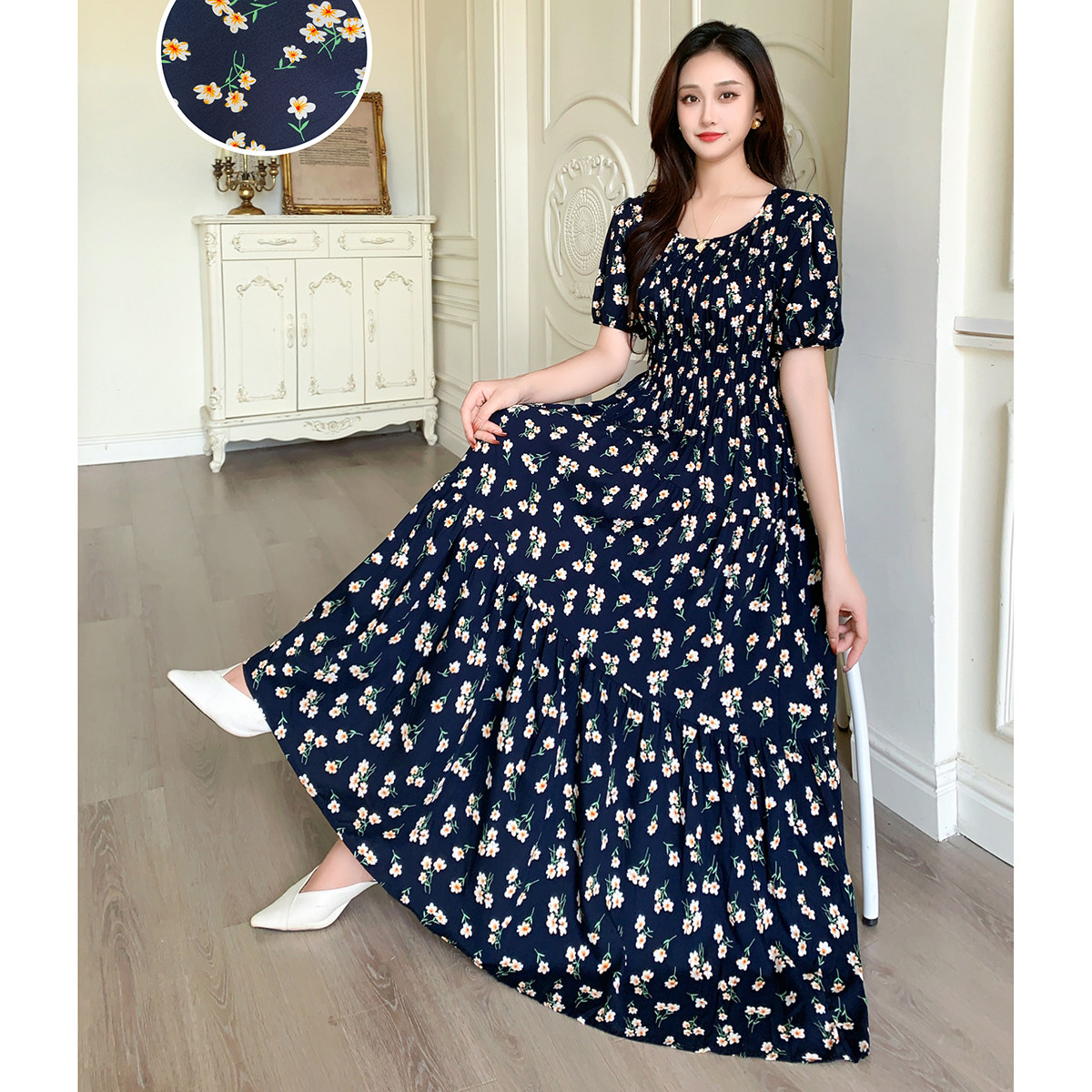 复古法式泡泡袖优雅大摆裙连衣裙长裙棉绸碎花夏季显瘦收腰度假裙,淘宝优惠券,粉丝福利购,淘宝优惠卷