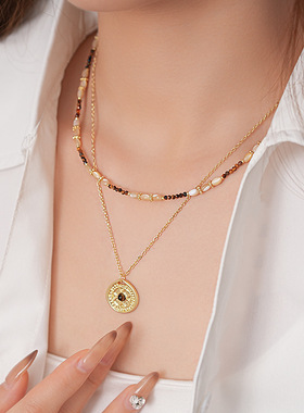 2024冬当季新款 衣佳人折扣 美拉德咖色花朵圆形虎眼石项链锁骨链