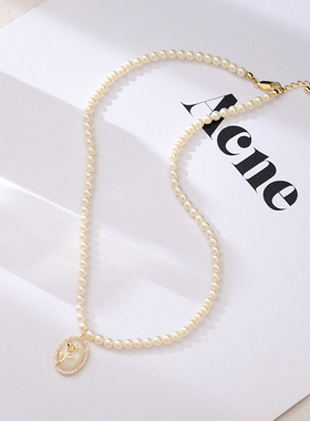 防过敏不掉色 中国风复古轻奢优雅百搭玫瑰吊坠项链 3mm珍珠颈链