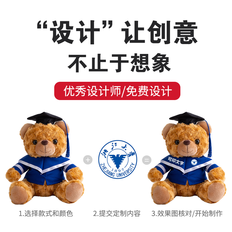 毕业公仔小熊硕士服蓝领玩偶毕业娃娃大学礼物刻字定制LOGO送同学-图0