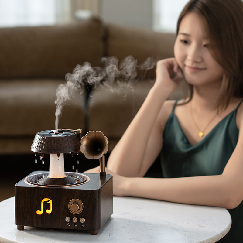 复古唱片水滴香薰加湿器家用卧室静音白噪音助眠蓝牙音响氛围夜灯