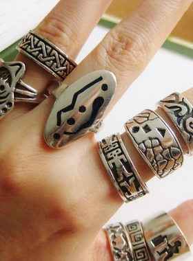 欧洲德国纯银图腾指环古董首饰