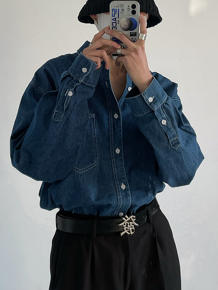 SF/春季新品韩风气质复古蓝色牛仔衬衫男士宽松版水洗工装风外套,淘宝优惠券,粉丝福利购,淘宝优惠卷