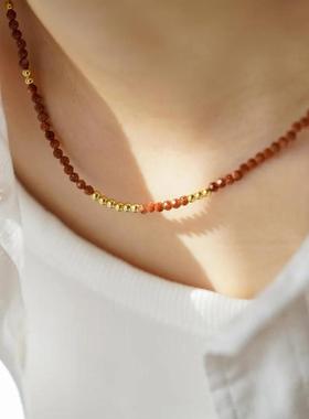 复古串珠锁骨链小众百搭轻奢极细设计金沙石珍珠吊坠串珠链毛衣链