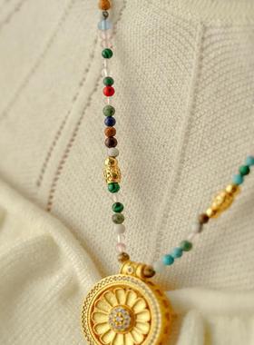 JO新款彩色天然石波西米亚风项链黄铜镀金圆牌吊坠气质锁骨链