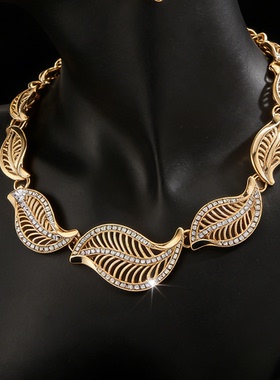 水晶镂空树叶项链耳环套装锁骨链