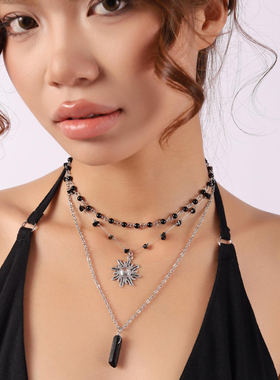 黑色多层吊坠项链锁骨链夜店朋克