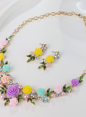 春夏时尚山茶花项链耳环拍照配饰